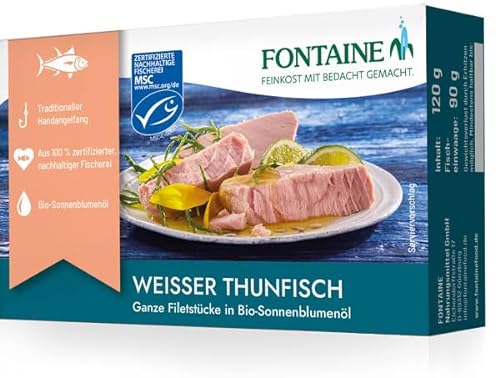 Fontaine - Weißer Thunfisch in Bio-Sonnenblumenöl – 120 g – 5er Pack - Ganze Thunfischfilets aus 100% zertifizierter, nachhaltiger Fischerei und kontrolliertem Anbau von Fontaine