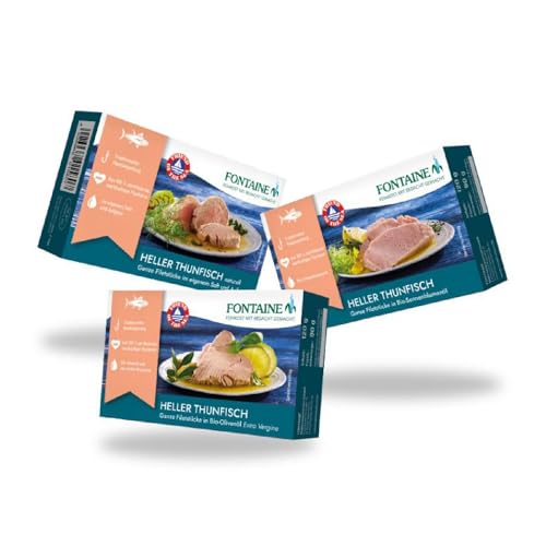 Fontaine - Heller Thunfisch Bundle - 3 Sorten (je 2 Dosen) - 6er Pack - Thunfischfilets im eigenen Saft, in Bio-Olivenöl und in Bio-Sonnenblumenöl, aus 100% nachhaltiger Fischerei von Fontaine