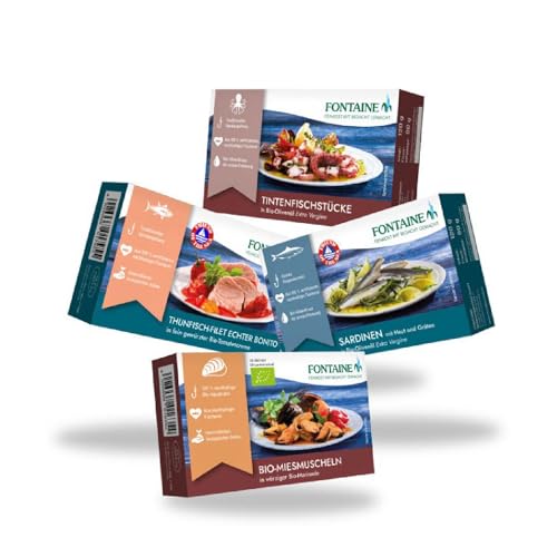 Fontaine - Tapas Bundle - 4 Sorten (je 1 Dose) - 4er Pack - Premium Tintenfischstücke, echtes Bonito Thunfischfilet, Sardinen und Bio-Miesmuscheln, aus 100% nachhaltiger Fischerei von Fontaine