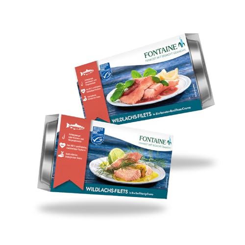 Fontaine - Wildlachs-Filets Bundle - 2 Sorten (je 3 Dosen) - 6er Pack - Premium Lachsfilets in Bio-Senf-Honig oder Tomaten-Basilikum-Creme, aus 100% nachhaltiger Fischerei von Fontaine