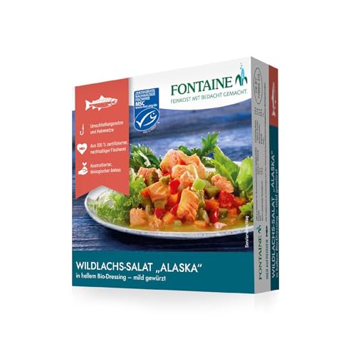 Fontaine - Wildlachs-Salat Alaska in mildem Bio-Dressing – 200 g – 5er Pack - Premium Lachsfilets aus 100% zertifizierter, nachhaltiger Fischerei und kontrolliertem Anbau von Fontaine