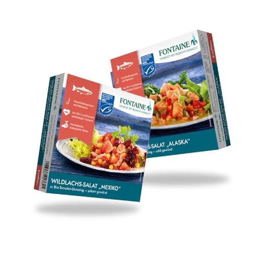 Fontaine - Wildlachs-Salat Bundle - 2 Sorten (je 3 Dosen) - 6er Pack - Premium Lachsfilets als Asia- oder Mexico Salat, mit Bio-Gemüse, aus 100% nachhaltiger Fischerei von Fontaine