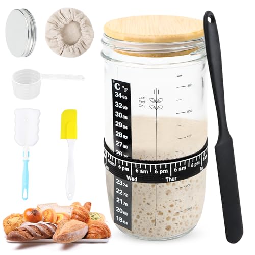 Sauerteig Starter Set 900ml Sauerteig Glas mit Holzdeckel, Aluminiumkappe, Gummiband, Thermometerpapier, Silikon Spatel, Stoffhut, Etikett, Messlöffel, Mixmesser für Brotbacken, Fermentieren Sauerteig Starter Set 900ml Sauerteig Glas mit Holzdeckel, Aluminiumkappe, Gummiband, Thermometerpapier, Silikon Spatel, Stoffhut, Etikett, Messlöffel, Mixmesser für Brotbacken, Fermentieren von Fonyet
