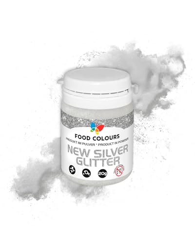 Lebensmittelfarbpulver mit metallischem Effekt Essbarer Farbstoff NEW SILVER GLITTER 20G Metallischer Farbstoff Glitzerfarbstoff Dekoration für Kuchen Torten Zuckerpasten Kekse Dekoration für Getränke von Food Colours