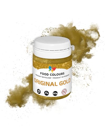 Food Colours Lebensmittelfarbe Pulver mit metallischem Effekt ORIGINAL GOLD 20G Glitzerfarbstoff Dekoration für Kuchen, Torten, Zuckerpasten, Kekse Dekoration, für Getränke von Food Colours