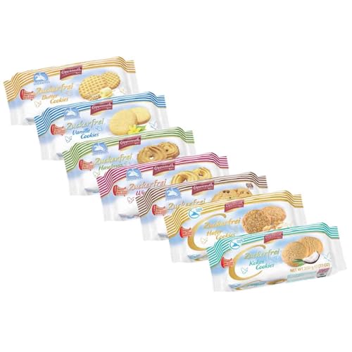 Probierpaket Coppenrath zuckerfreies Feingebäck (7 x 200 g): 1 x Hafer Cookies, 1 x Vanille Cookie, 1 x Choco Cookie, 1 x Haselnuss Ringe, 1 x Wiener Sandringe, 1 x Butter Cookies, 1 x Kokos Cookies von FOOODY 4U