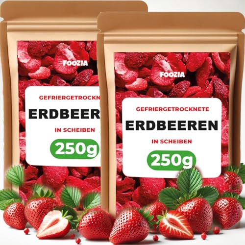 Erdbeeren Gefriergetrocknet 2x 250g - Scheiben, Natürliche Getrocknete Erdbeeren Ohne Zusätze - Gefriergetrocknete Früchte Snack - Gefriergetrocknete Erdbeeren Trockenfrüchte von Foozia (2x 250g) von Foozia
