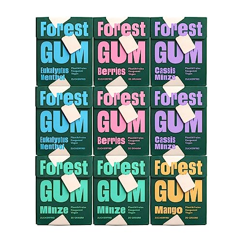FOREST GUM im Probierset | Plastikfreies Kaugummi mit Minz-, Eukalyptus Menthol-, Beeren-, Cassis Minze- und Mango-Geschmack | Pflanzliche Zutaten | ohne Zucker | Vegan | 9 x 20 g von Forest Gum