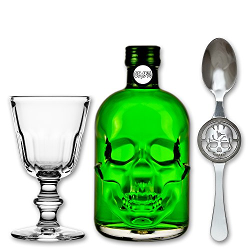 Absinthe "Amnesie" 69,9% alc. Vol. + 1x Absinthe Glas "Perigord" + 1x Absinthe Löffel "Skull" von Fox Spirits