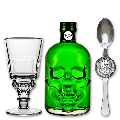 Absinthe "Amnesie" 69,9% alc. Vol. + 1x Absinthe Glas "Pontarlier" + 1x Absinthe Löffel "Skull" von Fox Spirits