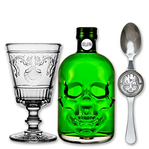 Absinthe "Amnesie" 69,9% alc. Vol. + 1x Absinthe Glas "Versailles" 400ml + 1x Absinthe Löffel "Skull" von Fox Spirits