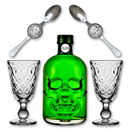 Absinthe"Amnesie" 69,9% alc. Vol. + 2x Absinthe Glas"Lyonnais" + 2x Absinthe Löffel"Skull" von Fox Spirits