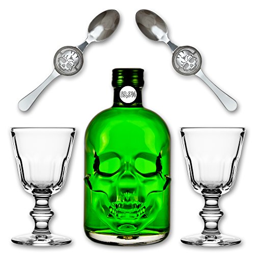 Absinthe"Amnesie" 69,9% alc. Vol. + 2x Absinthe Glas"Perigord" + 2x Absinthe Löffel"Skull" von Fox Spirits