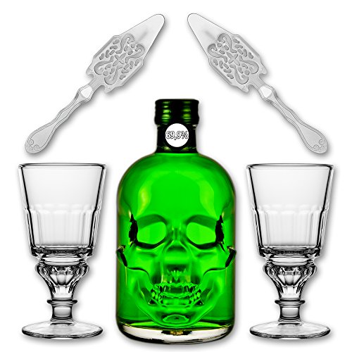 Absinthe"Amnesie" 69,9% alc. Vol. + 2x Absinthe Glas"Pontarlier" + 2x Absinthe Löffel"Antique" von Fox Spirits