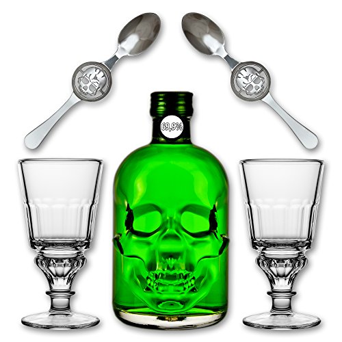 Absinthe "Amnesie" 69,9% alc. Vol. + 2x Absinthe Glas "Pontarlier" + 2x Absinthe Löffel "Skull" Absinthe "Amnesie" 69,9% alc. Vol. + 2x Absinthe Glas "Pontarlier" + 2x Absinthe Löffel "Skull" von Fox Spirits