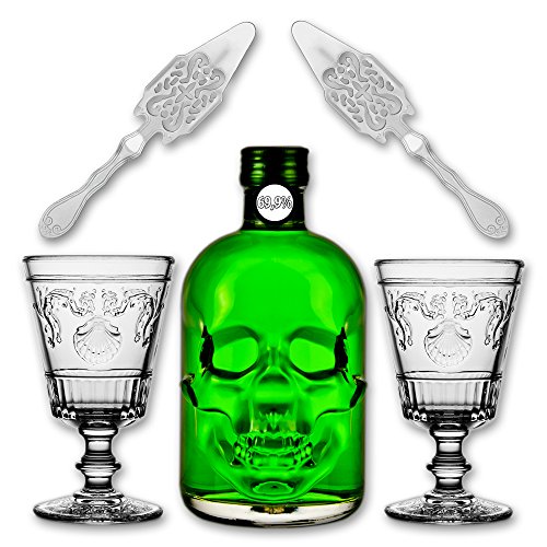 Absinthe"Amnesie" 69,9% alc. Vol. + 2x Absinthe Glas"Versailles" 400ml + 2x Absinthe Löffel"Antique" von Fox Spirits