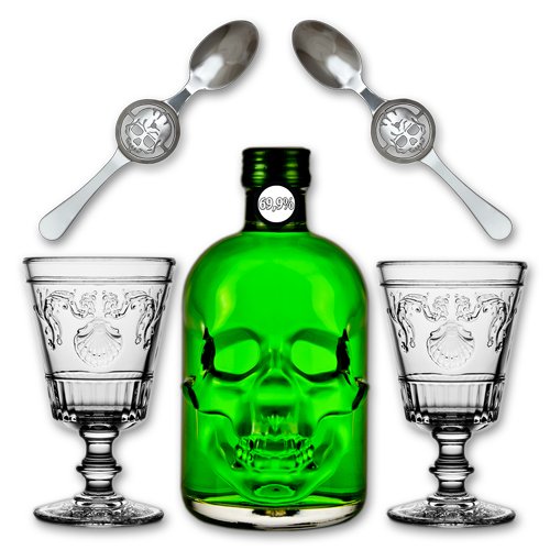 Absinthe"Amnesie" 69,9% alc. Vol. + 2x Absinthe Glas"Versailles" 400ml + 2x Absinthe Löffel"Skull" von Fox Spirits