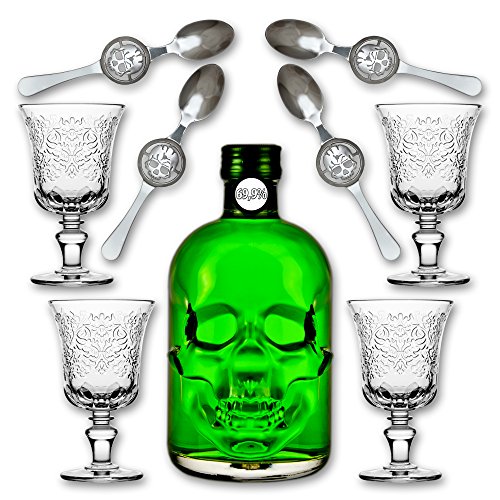 Absinthe"Amnesie" 69,9% alc. Vol. + 4x Absinthe Glas"Amboise" + 4x Absinthe Löffel"Skull" von Fox Spirits