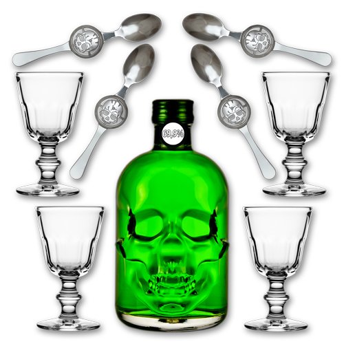 Absinthe"Amnesie" 69,9% alc. Vol. + 4x Absinthe Glas"Perigord" + 4x Absinthe Löffel"Skull" von Fox Spirits