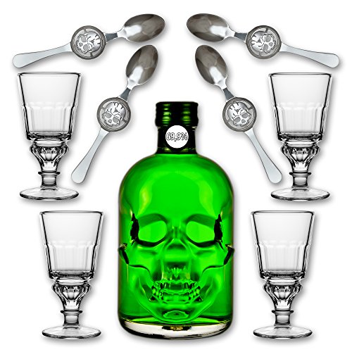 Absinthe"Amnesie" 69,9% alc. Vol. + 4x Absinthe Glas"Pontarlier" + 4x Absinthe Löffel"Skull" von Fox Spirits