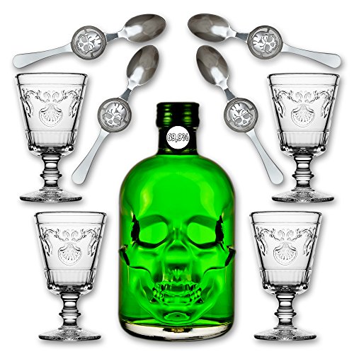 Absinthe"Amnesie" 69,9% alc. Vol. + 4x Absinthe Glas"Versailles" 400ml + 4x Absinthe Löffel"Skull" von Fox Spirits