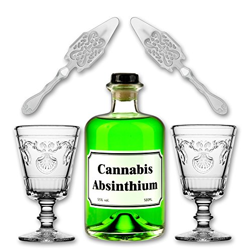 Cannabis Absinthium 0,5l - 55% vol. Alc. + 2x Absinth Glas"Versailles" 200ml + 2x Absinth Löffel"Antique" von Fox Spirits