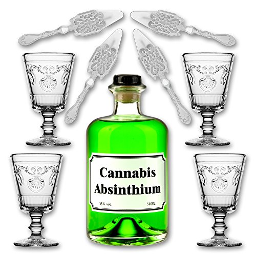Cannabis Absinthium 0,5l - 55% vol. Alc. + 4x Absinth Glas"Versailles" 200ml + 4x Absinth Löffel"Antique" von Fox Spirits