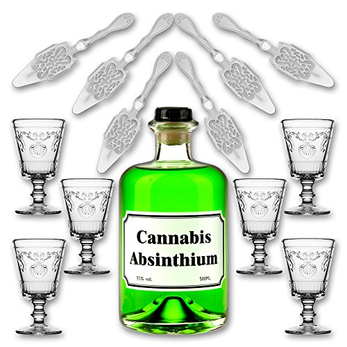 Cannabis Absinthium 0,5l - 55% vol. Alc. + 6x Absinth Glas "Versailles" 200ml + 6x Absinth Löffel "Antique" Cannabis Absinthium 0,5l - 55% vol. Alc. + 6x Absinth Glas "Versailles" 200ml + 6x Absinth Löffel "Antique" von Fox Spirits