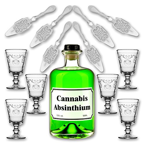 Cannabis Absinthium 0,5l - 55% vol. Alc. + 6x Absinth Glas"Versailles" 200ml + 6x Absinth Löffel"Antique" von Fox Spirits