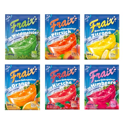 FRAIX Getränkepulver 6 Sorte Mixed (30er Pack x 100g) Vorteilspack - je 5 Packungen - Geschmacksrichtungen - Himbeere Kirsche Orange Pfirsich Waldmeister Zitrone von Fraix