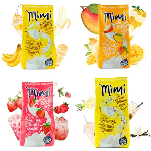 Mimi Probierpack 8er Mixed - Milchmix Getränkepulver (je 2 Packungen x 400g) Banane Erdbeere Mango Vanille - Vorteilspack - Ideal für Freizeit, die Schule oder To Go für jeden Familien-Ausflug von Fraix