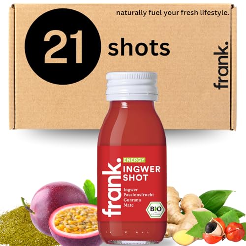 FRANK Energy Bio Ingwer Shot | 21 x 60 ml Ingwershot Flaschen | Ingwersaft mit Guarana, Mate und Passionsfrucht in Premium Qualität | Vegan | Nachhaltig im Glas | ohne Konservierungsstoffe von Frank Juice