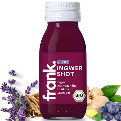 FRANK Relax Bio Ingwer Shot | 14 x 60 ml Ingwershot Flaschen | Ingwersaft mit Heidelbeere und Lavendel in Premium Qualität | Vegan | Nachhaltig im Glas | ohne Konservierungsstoffe von Frank Juice