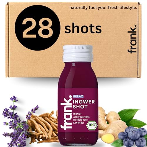 FRANK Relax Bio Ingwer Shot | 28 x 60 ml Ingwershot Flaschen | Ingwersaft mit Heidelbeere und Lavendel in Premium Qualität | Vegan | Nachhaltig im Glas | ohne Konservierungsstoffe von Frank Juice