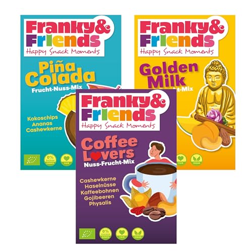 Genussset aus 3 leckeren Bio-Nuss-Frucht-Mixen, fair, ohne Zuckerzusatz, vegan, leckerer Knabberspaß von Franky & Friends