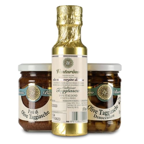 Taggiasca Oliven Vorteilspaket, natives Olivenöl extra, Taggiasca-Oliven entsteint, Olivenpesto, Probierpaket, von Frantoio Venturino