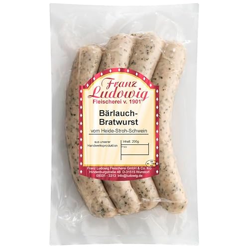 Franz Ludowig Bärlauch-Bratwurst vom Heide-Stroh-Schwein, 4 x 50g, Premium Handwerksproduktion Franz Ludowig Bärlauch-Bratwurst vom Heide-Stroh-Schwein, 4 x 50g, Premium Handwerksproduktion von Franz Ludowig