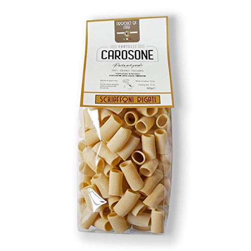 Fratelli Carosone Pasta Artigianale Schiaffoni Rigati handwerkliche Hartweizengrieß Pasta 100% italienischer Weizen Bronze Zeichnung Packung mit 500g langsames Trocknen bei niedrigen Temperaturen von Fratelli Carosone