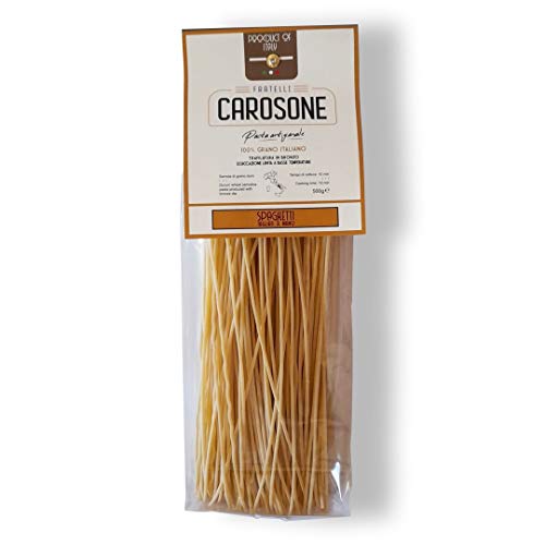 Fratelli Carosone Pasta Artigianale Spaghetti tagliati a mano Hand geschnitten handwerkliche Hartweizengrieß Pasta 100% italienischer Weizen Bronze Zeichnung Packung mit 500g langsames Trocknen Fratelli Carosone Pasta Artigianale Spaghetti tagliati a mano Hand geschnitten handwerkliche Hartweizengrieß Pasta 100% italienischer Weizen Bronze Zeichnung Packung mit 500g langsames Trocknen von Fratelli Carosone