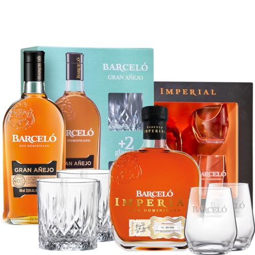 Mischpaket aus Ron Barceló Gran Añejo Rum (1x0,7l) 37,5% vol - Geschenkbox mit 2 Tumbler-Gläsern + Ron Barceló Imperial Ron Dominicano Rum (1 x 0,7l) 38% vol. - Geschenkbox mit 2 Nosing-Gläsern von Freixenet