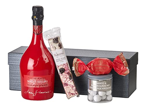 Schaumwein-Geschenkset "Schneewittchen-Zauber" | 1 Flasche prickelnder Prosecco Blanc de Blancs 0,75 l von Millesimato, 1 Dose Lakritzkugeln, 1 Soft-Nougat Riegeln und Amarettino von freund