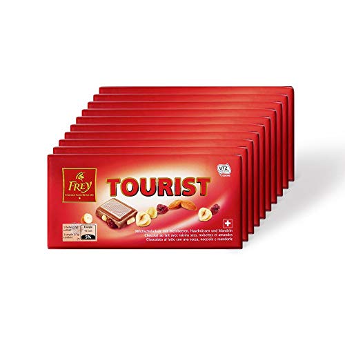 Frey 10x Tourist Milchschokolade mit Weinbeeren, Mandeln und Haselnüssen - Schweizer Mandel-Milch-Nuss Schokolade Tafel - Großpackung 10x Schokoladentafeln 100 g - UTZ-zertifiziert von Frey