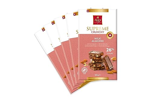 Frey Suprême Milk Crunchy Almond - Swiss Premium Chocolate - Kakao 30% mindestens - Rainforest Alliance-zertifiziert - Großpackung Schokoladentafeln 5x180g von Frey