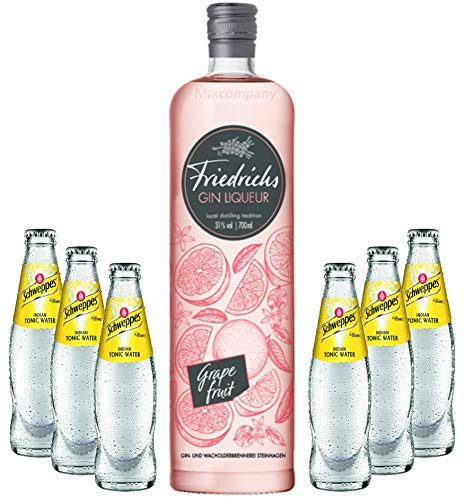 Friedrichs Gin Liqueur Grapefruit 0,7l 700ml (31% Vol) + 6x Schweppes Tonic Water 200ml inkl. Pfand MEHRWEG Gin Tonic Bar- [Enthält Sulfite] von Friedrichs