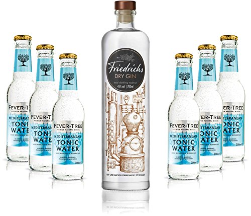 Gin Tonic Set - Friedrichs Dry Gin 0,7l 700ml (45% Vol) + 6x Fever Tree Mediterranean Tonic Water 200ml inkl. Pfand MEHRWEG -[Enthält Sulfite] von Friedrichs-Friedrichs