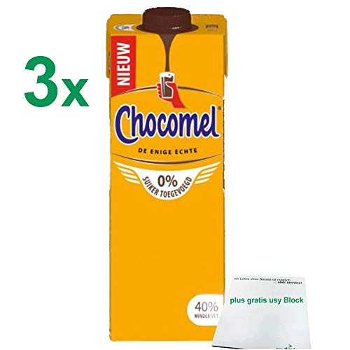 Chocomel Kakao 0% Zucker hinzugefügt 3er Pack (3x1 Liter) plus usy Block von FrieslandCampina