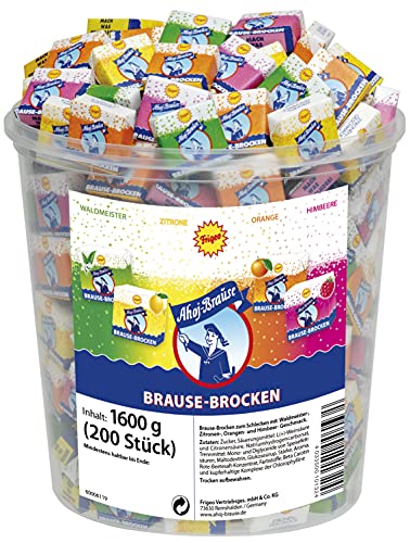 Frigeo Ahoj-Brause Ahoj-Brause Brause-Brocken–extra große Brause-Stücke in vier prickelnden, süß-sauren Geschmacksrichtungen, Brause-Würfel einzeln verpackt, im Vorrats-Pack, 200 Stück im 1,6 kg Eimer von Frigeo Ahoj-Brause