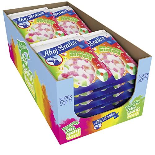 Ahoj-Brause Brause-Ringe – prickelndes softes Gummibonbon in drei süß-sauren Geschmacksrichtungen, Gummi-Bonbons für das perfekte Naschvergnügen, vegan, im Vorrats-Pack, 16 x 150 g von Frigeo Ahoj-Brause