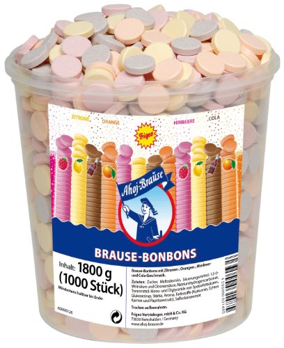 Frigeo Ahoj-Brause, Die Klassiker: runde Bonbons in den vier Geschmacksrichtungen Zitrone, Orange, Himbeere und Cola, 1000 Stück im Eimer (1,8kg) von Frigeo Ahoj-Brause