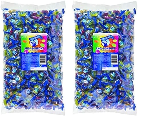 Frigeo Ahoj-Brause Bonbons mit Brause-Pulver im Beutel – Frucht- mit prickelnder Füllung, in vier süß-sauren Geschmacksrichtungen, vegan, im Vorrats-Pack, 2 kg (Packung mit 2) von Frigeo Ahoj-Brause